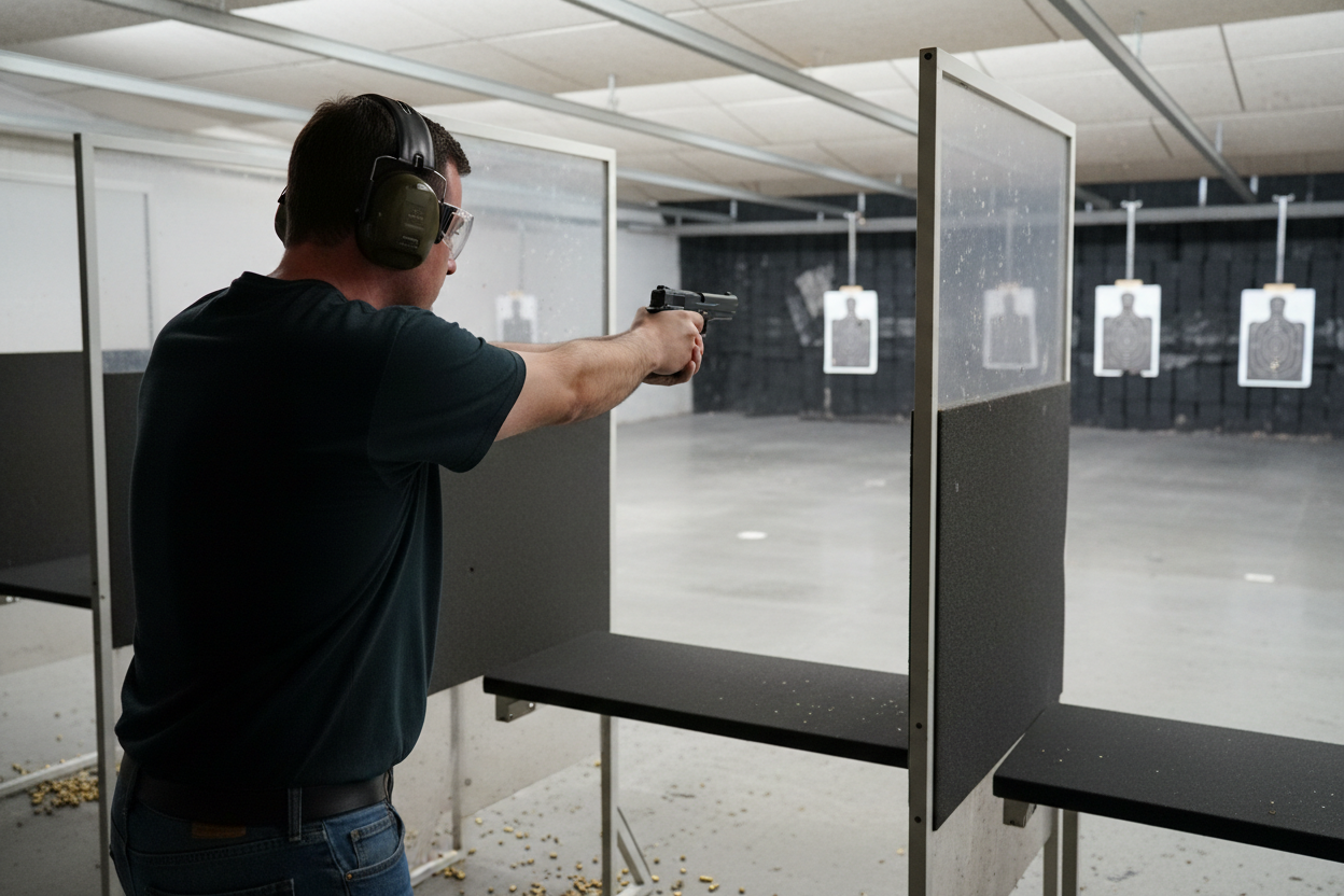 make a person shooting at a target at a gun range